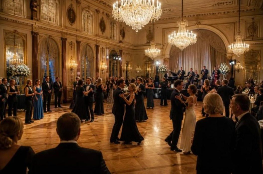 Formal ball with couples dancing under chandeliers