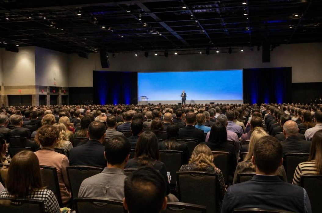 Conference hall with hundreds of attendees facing a stage