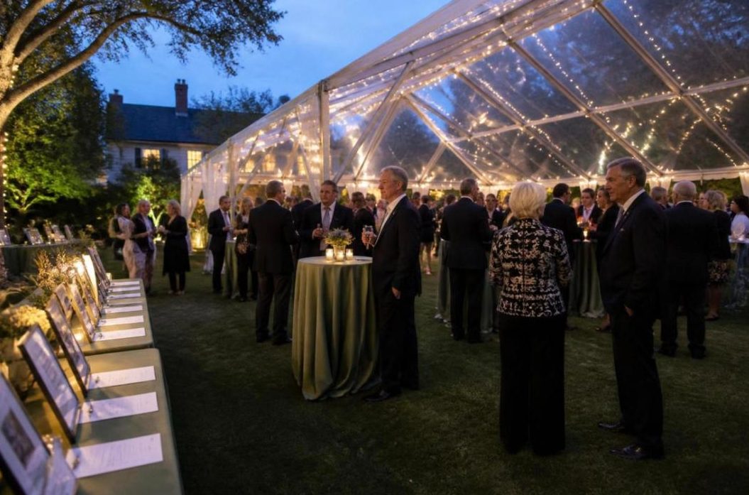 Evening donor reception under a lit clear-top tent with a silent auction table