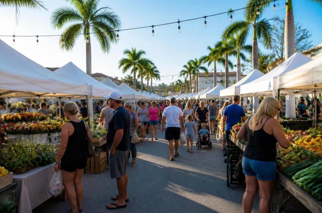 Outdoor farmers market with white vendor tents and palm trees